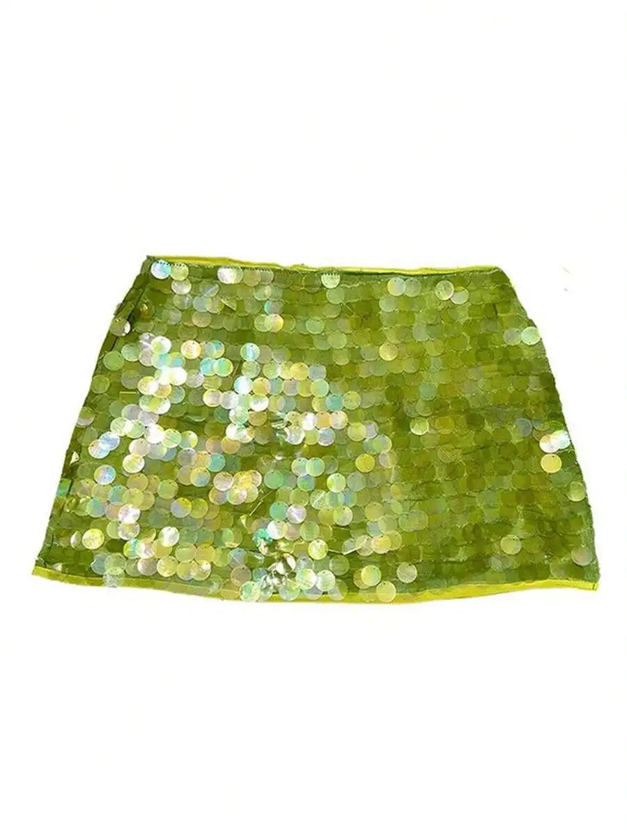 Sequin Mini Skirt with Side Slit and Adjustable Tie Detail