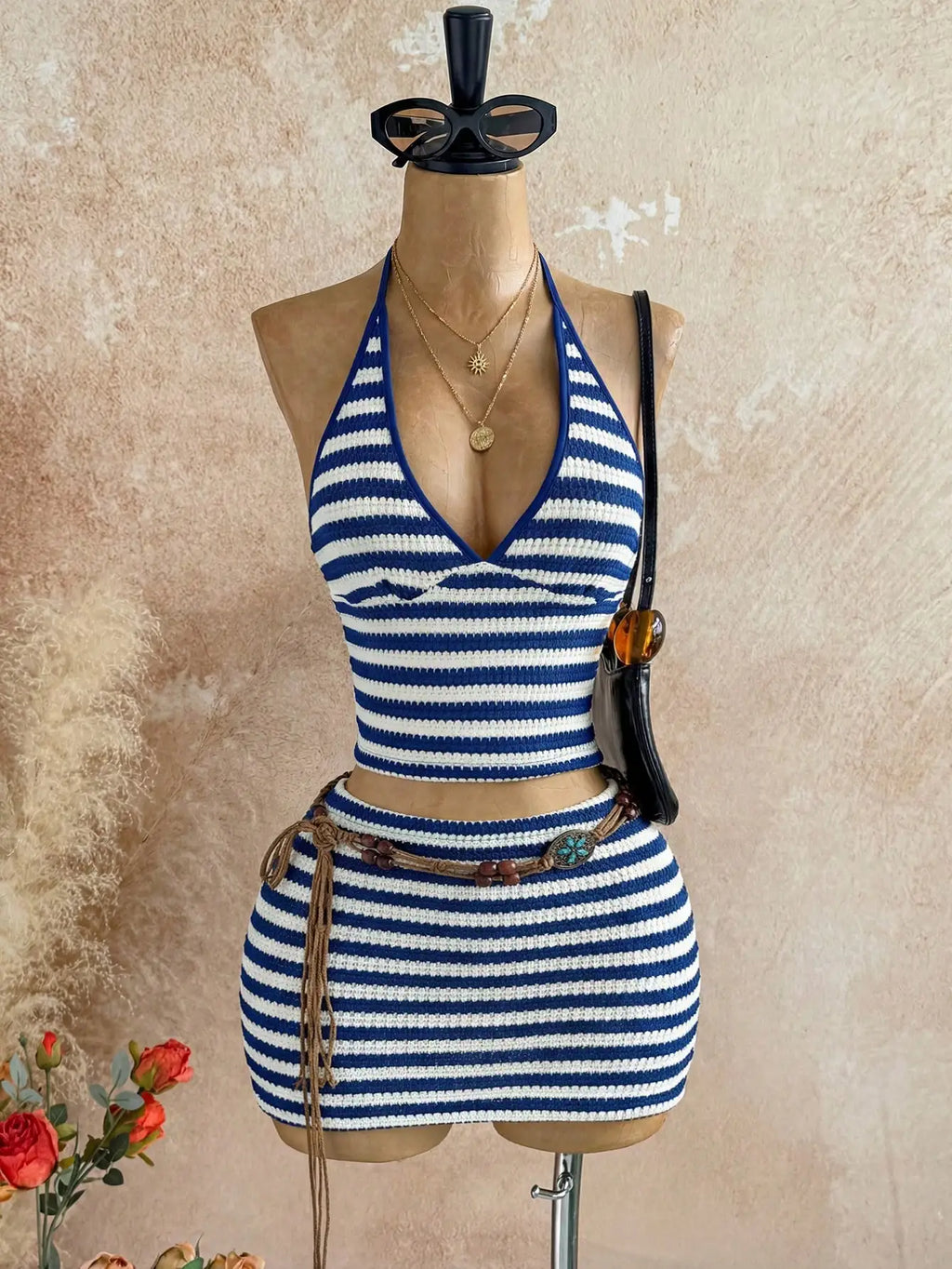 Striped Halter Crop Top and Mini Skirt Beach Co-Ord Set