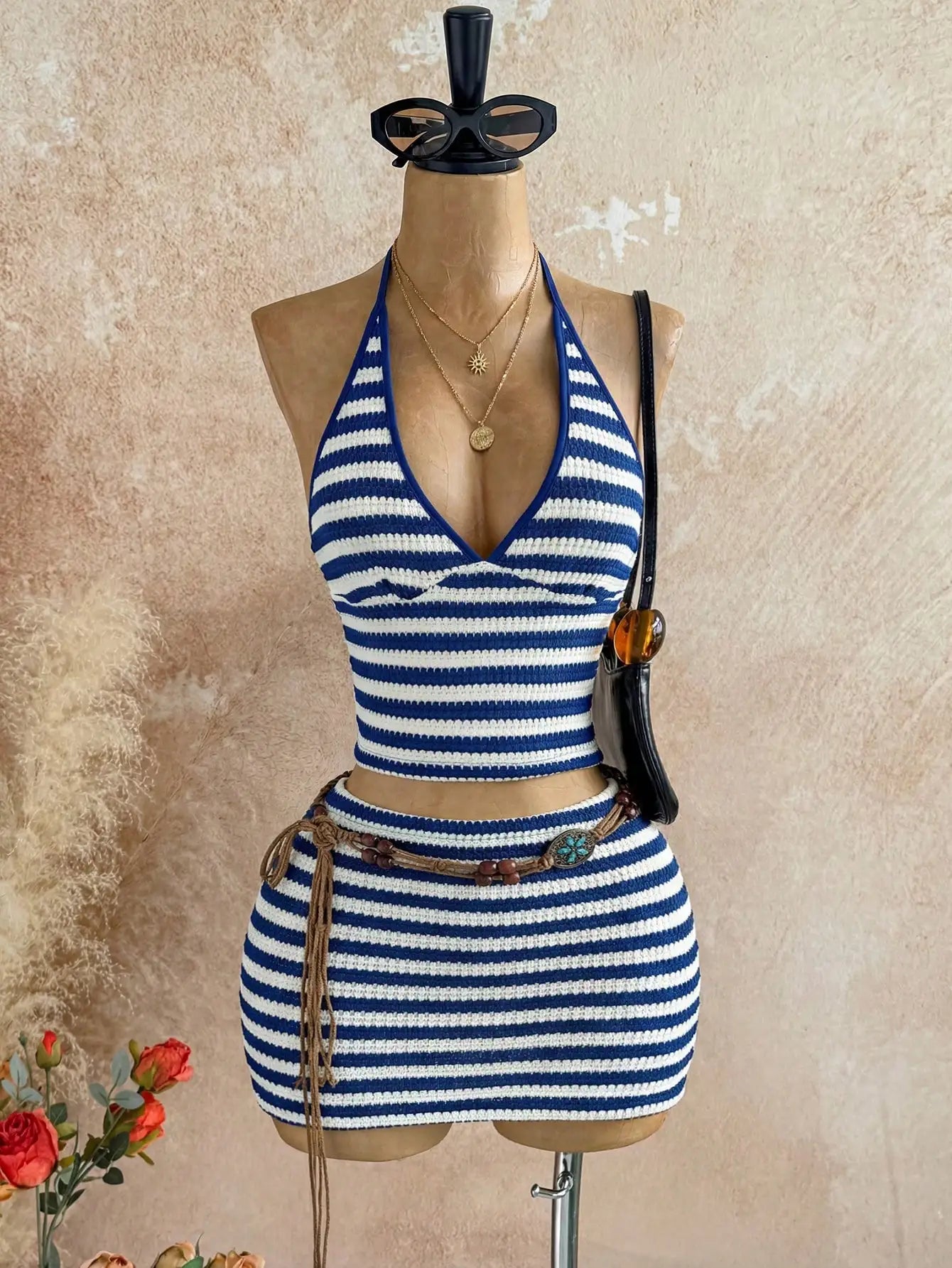 Striped Halter Crop Top and Mini Skirt Beach Co-Ord Set