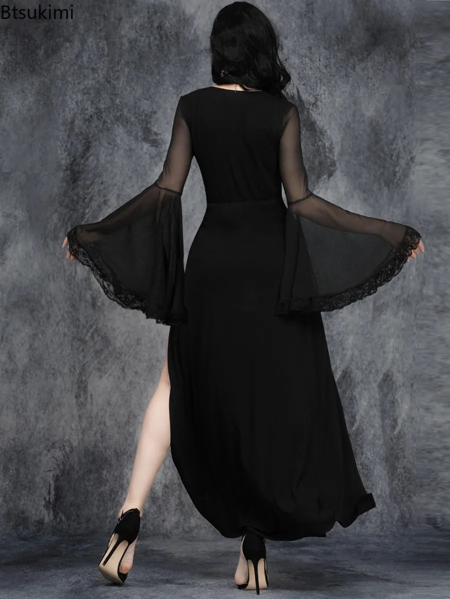 Elegant Split-Leg Gothic Evening Dress with Dark Alternative Glamour