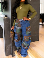 Women's High Waist Patchwork Cargo Denim Jeans with Multi-Pocket Relaxed Streetwear Fit