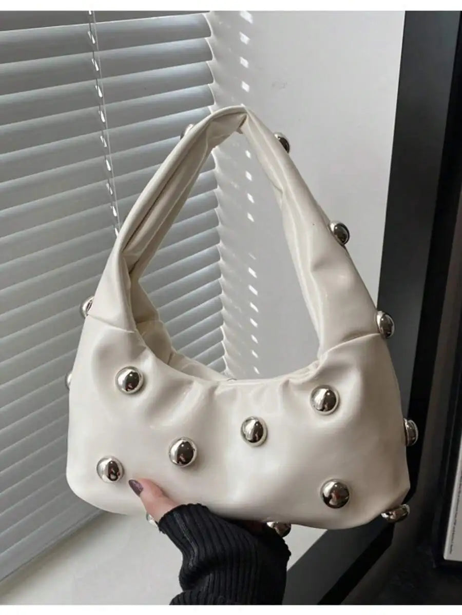 Vintage Inspired Half Moon Shoulder Bag with Rivet Accent Details