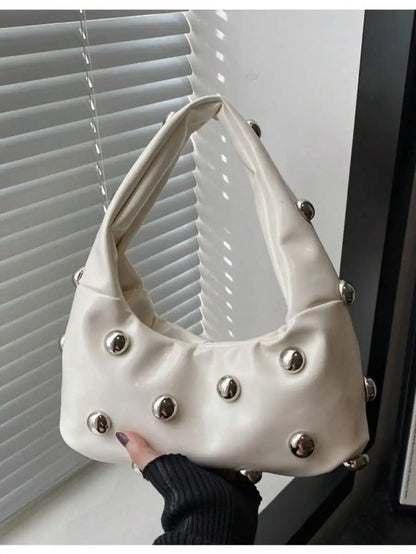 Vintage Inspired Half Moon Shoulder Bag with Rivet Accent Details