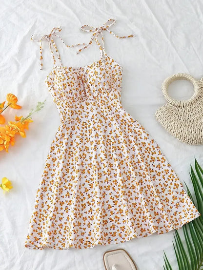 Floral Print Tie Strap A-Line Mini Dress with Lightweight Summer Silhouette