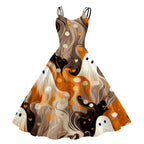 Black and White Bat Print A-Line Swing Dress with Double Spaghetti Straps