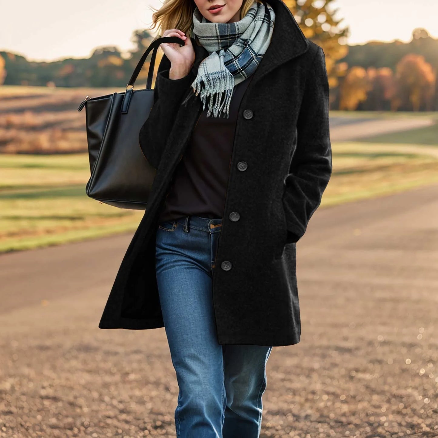 Women's Mid-Length Button Front Coat Relaxed Tailored Winter Casual Everyday Outerwear