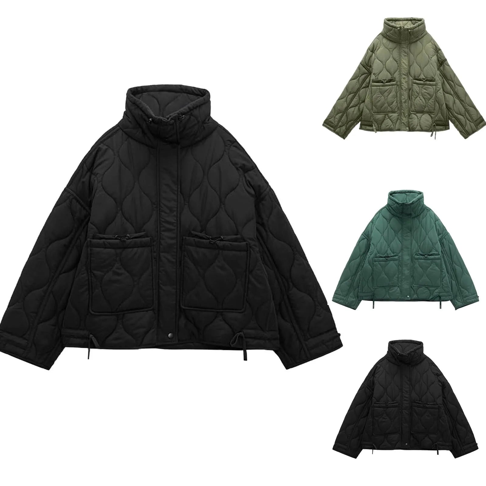 Women's Oversized Quilted Zip Jacket with Stand Collar Contemporary Casual Outerwear Style
