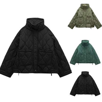 Women's Oversized Quilted Zip Jacket with Stand Collar Contemporary Casual Outerwear Style