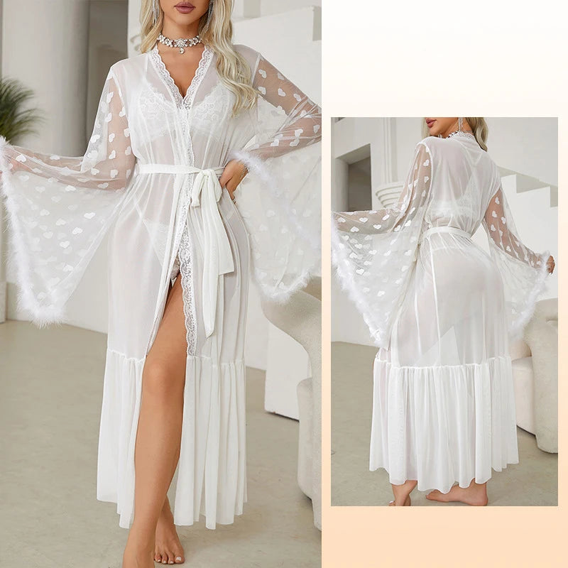 Dramatic Sheer Red Mesh Robe with Flowing Bell Sleeves and Lace Edging