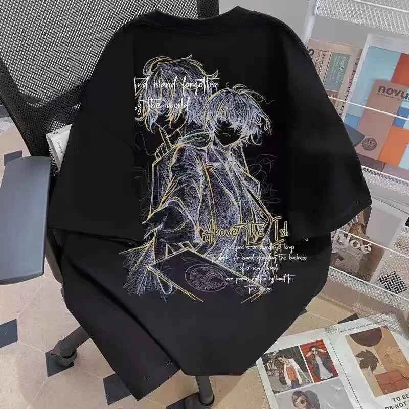 Sketch Duo Anime Graphic Oversized Soft Cotton Casual Streetwear T-Shirt