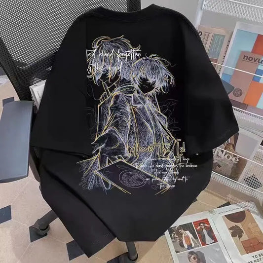 Sketch Duo Anime Graphic Oversized Soft Cotton Casual Streetwear T-Shirt