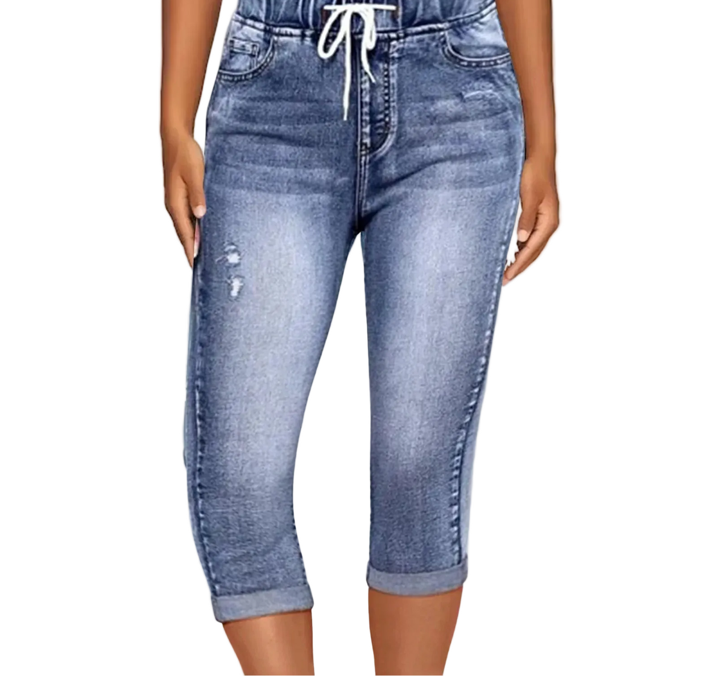 Women's High Waist Drawstring Denim Capri Pants with Slim Fit Casual Streetwear Style