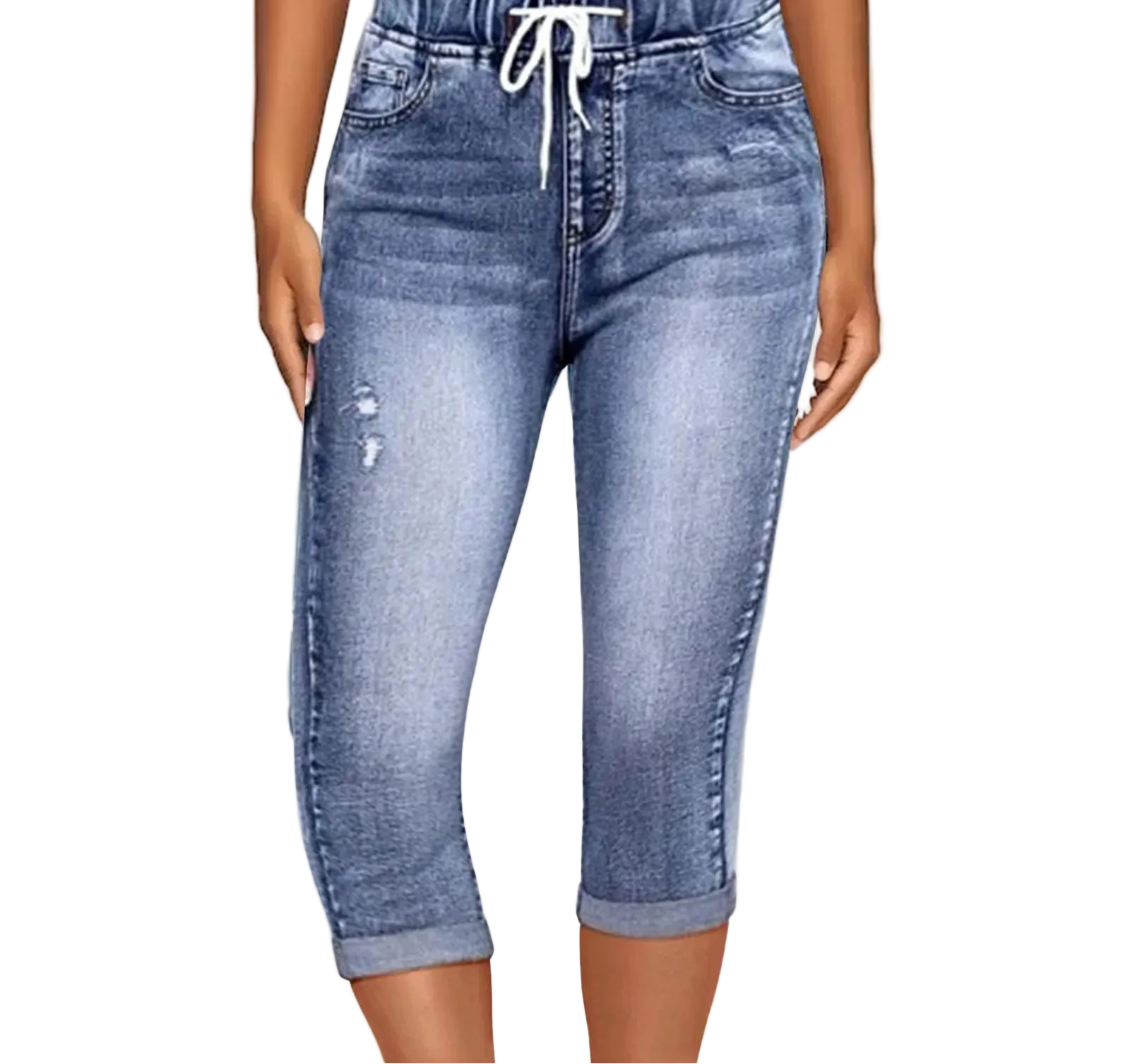 Women's High Waist Drawstring Denim Capri Pants with Slim Fit Casual Streetwear Style