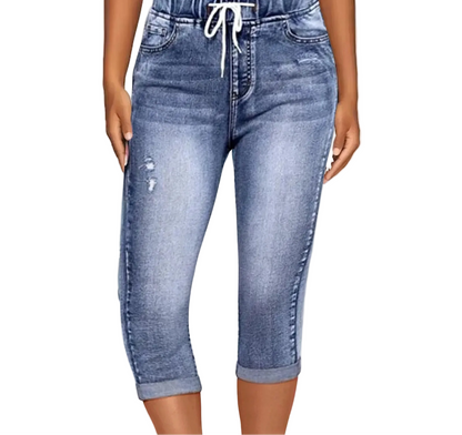 Women's High Waist Drawstring Denim Capri Pants with Slim Fit Casual Streetwear Style