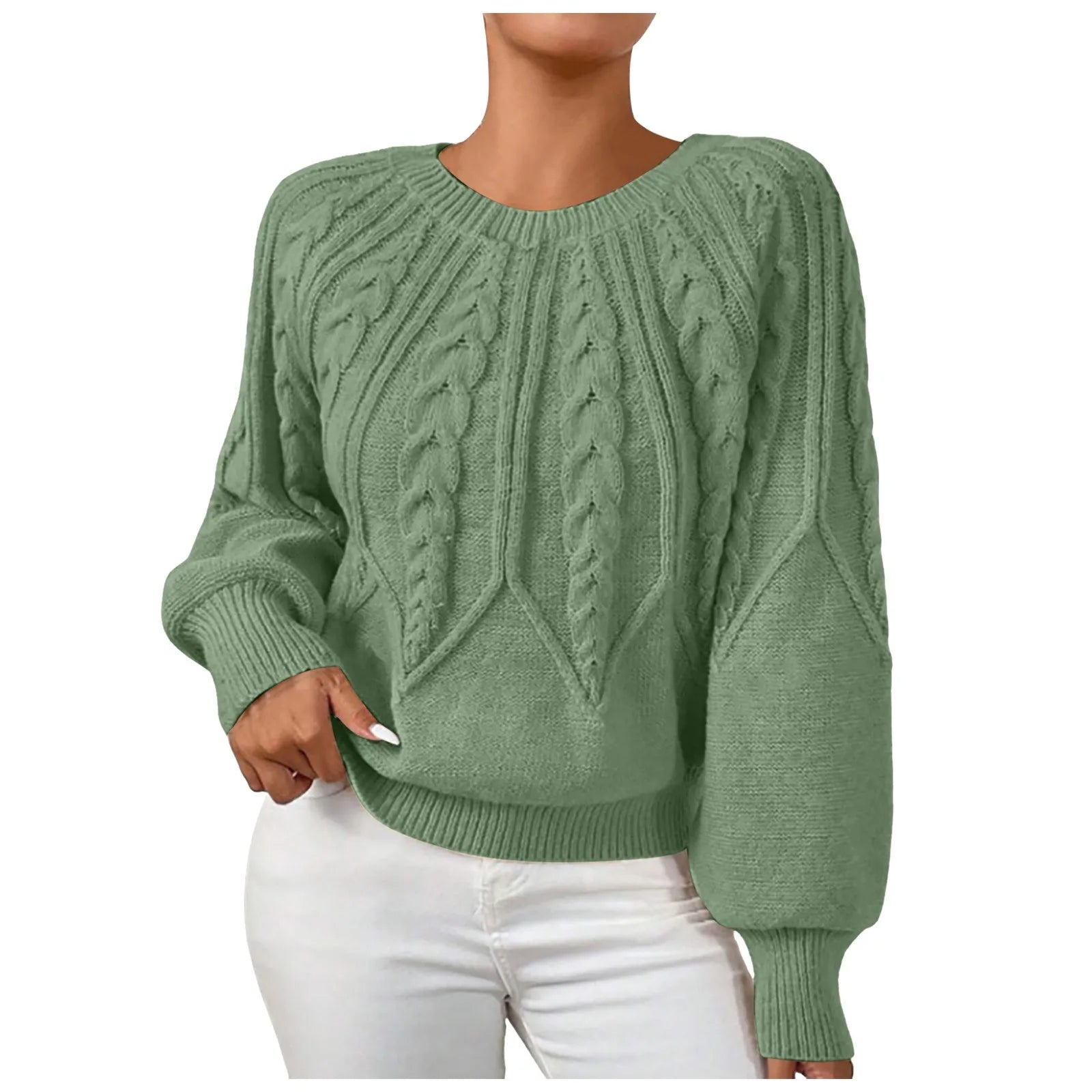 Women's Textured Cable Knit Crew Neck Relaxed Fit Sweater Pullover