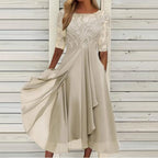 Textured Tea Length Dress With Soft Volume And Refined Drape