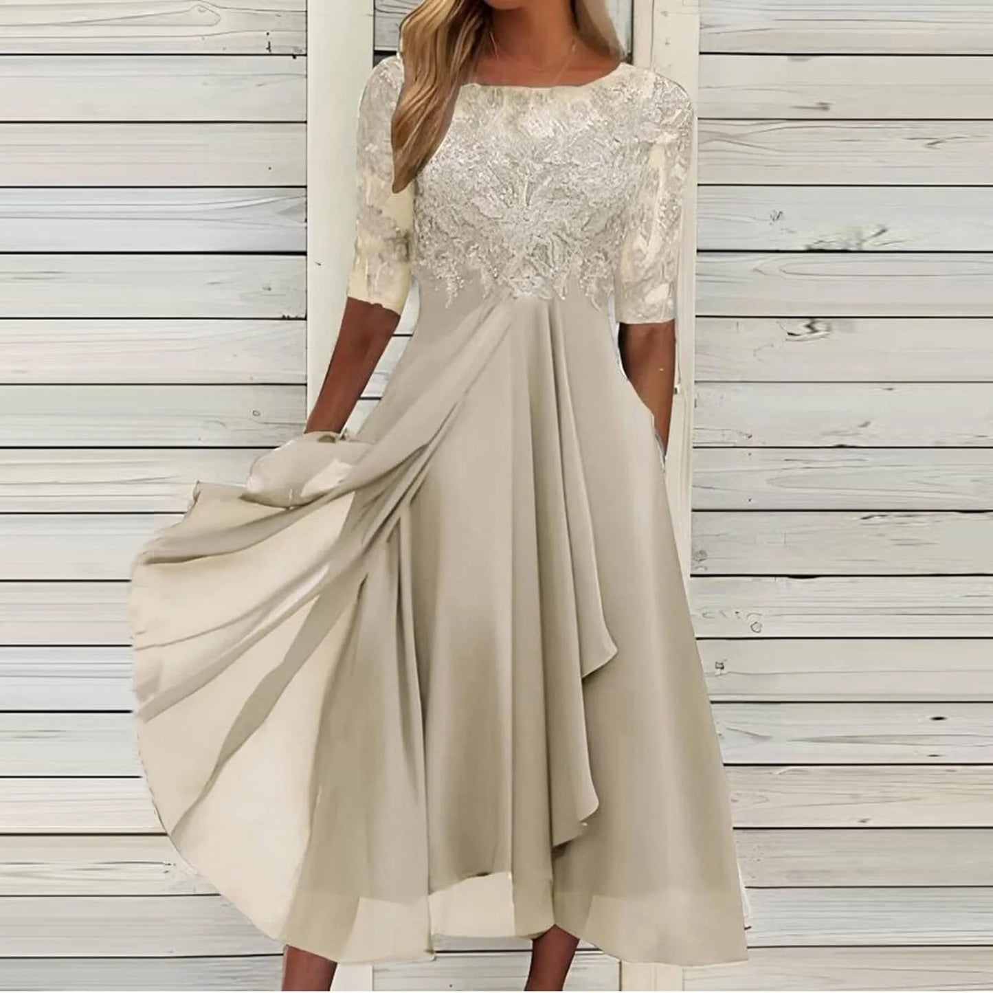 Textured Tea Length Dress With Soft Volume And Refined Drape
