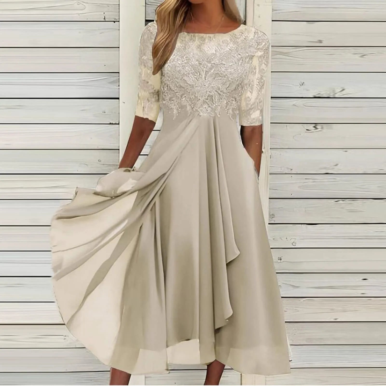 Textured Tea Length Dress With Soft Volume And Refined Drape