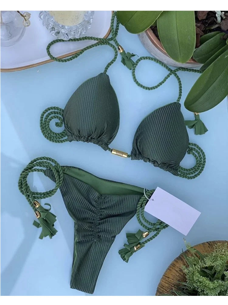 Soft Periwinkle Triangle Bikini Set with Two-Tone Twisted Rope and Tassel Details