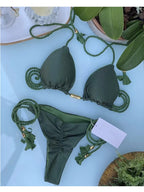 Soft Periwinkle Triangle Bikini Set with Two-Tone Twisted Rope and Tassel Details