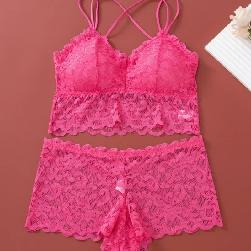 Floral Lace Longline Bralette and Coordinating Boyshort Set with Double Front Straps