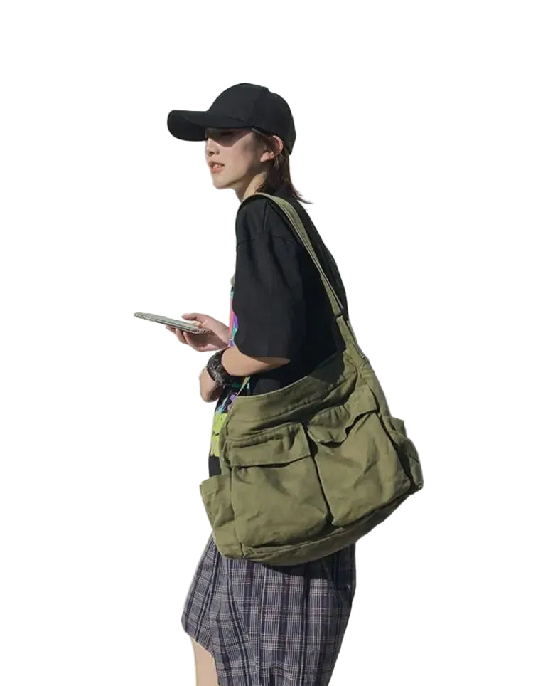Utility Canvas Messenger Tote Bag with Oversized Crossbody Carry Design