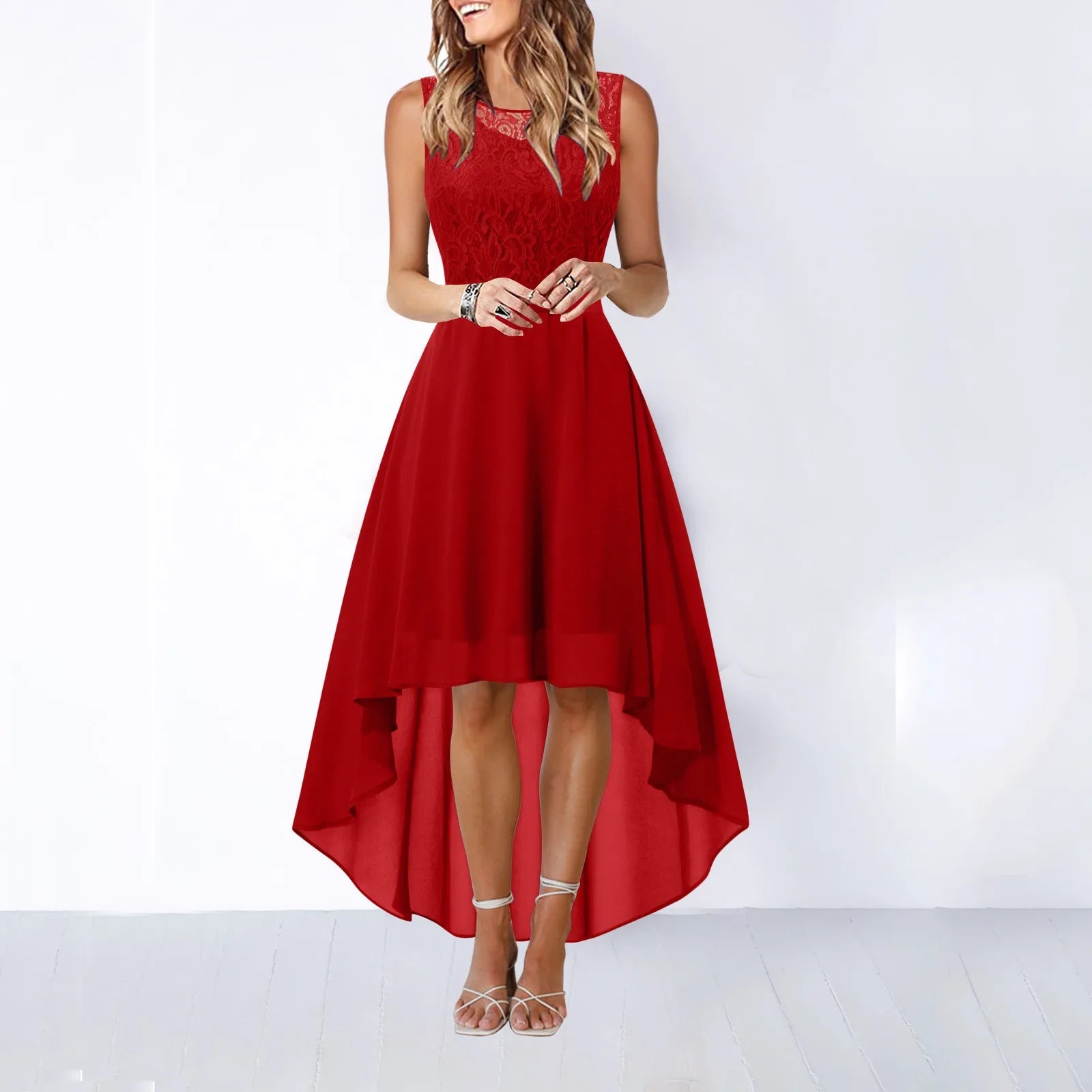 Sleeveless High Low Midi Dress with Waist Tie and Flowing A-Line Shape