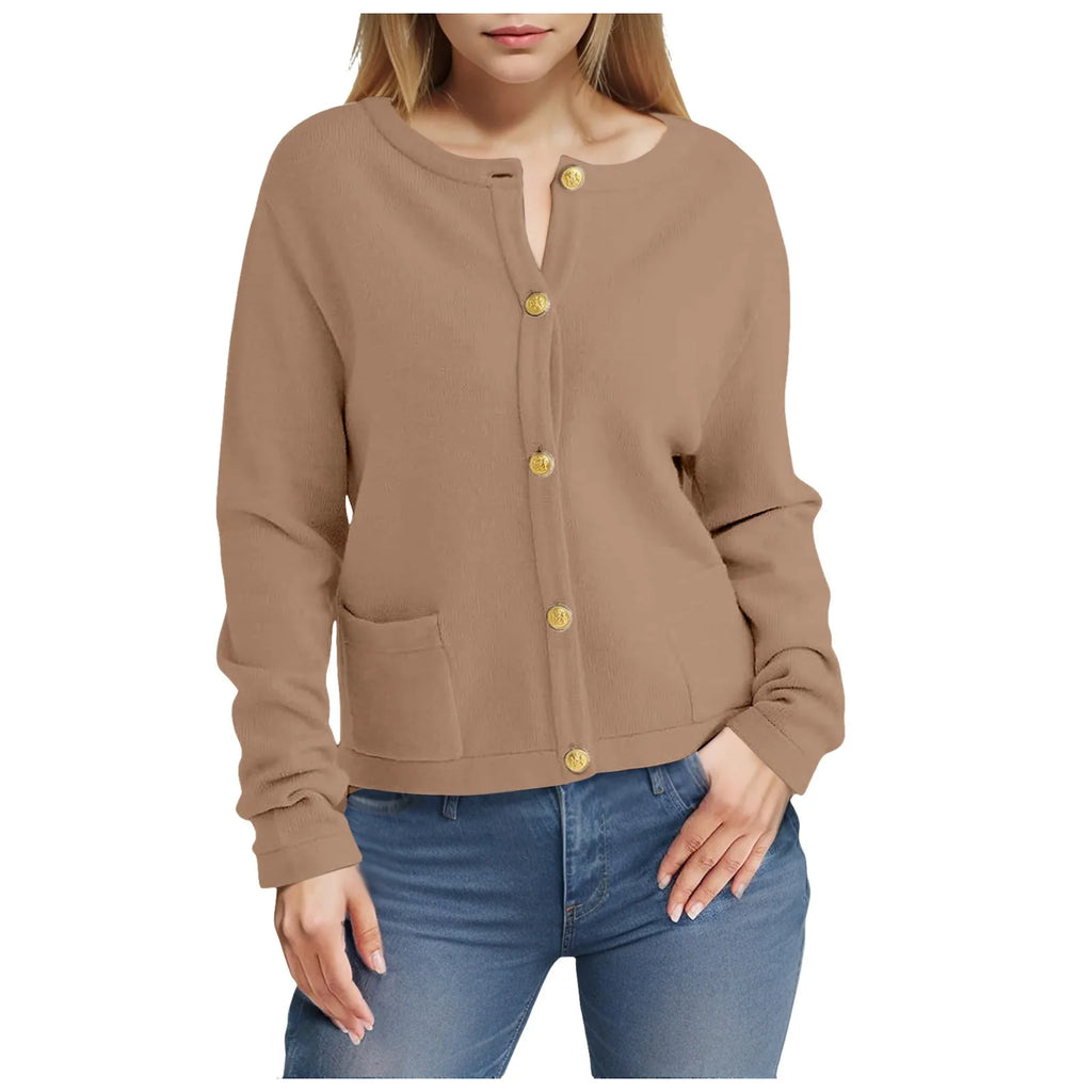 Women's Crew Neck Button Front Cardigan with Relaxed Everyday Fit and Pockets
