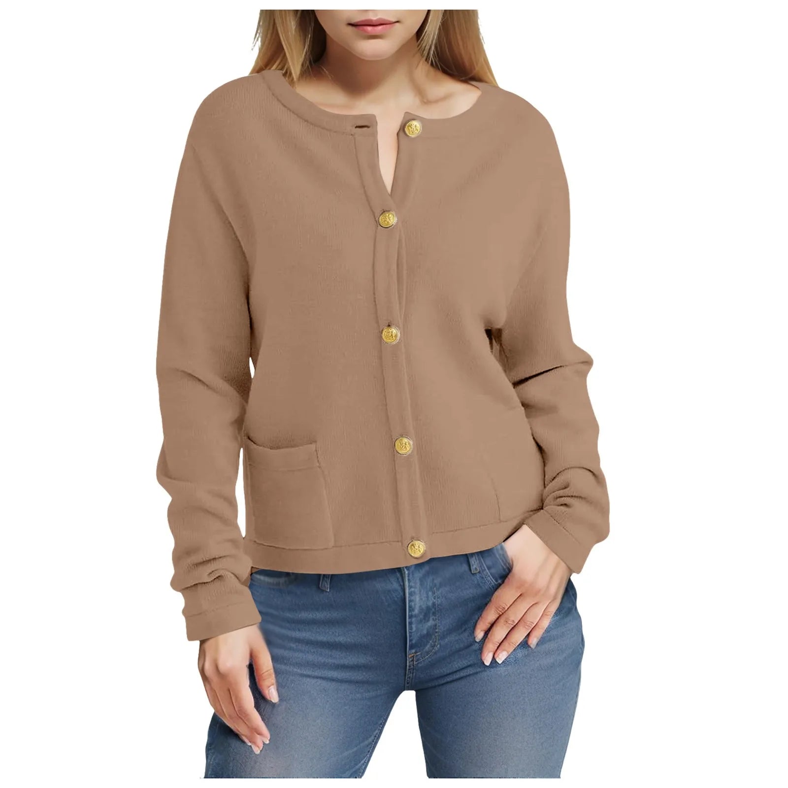 Women's Crew Neck Button Front Cardigan with Relaxed Everyday Fit and Pockets