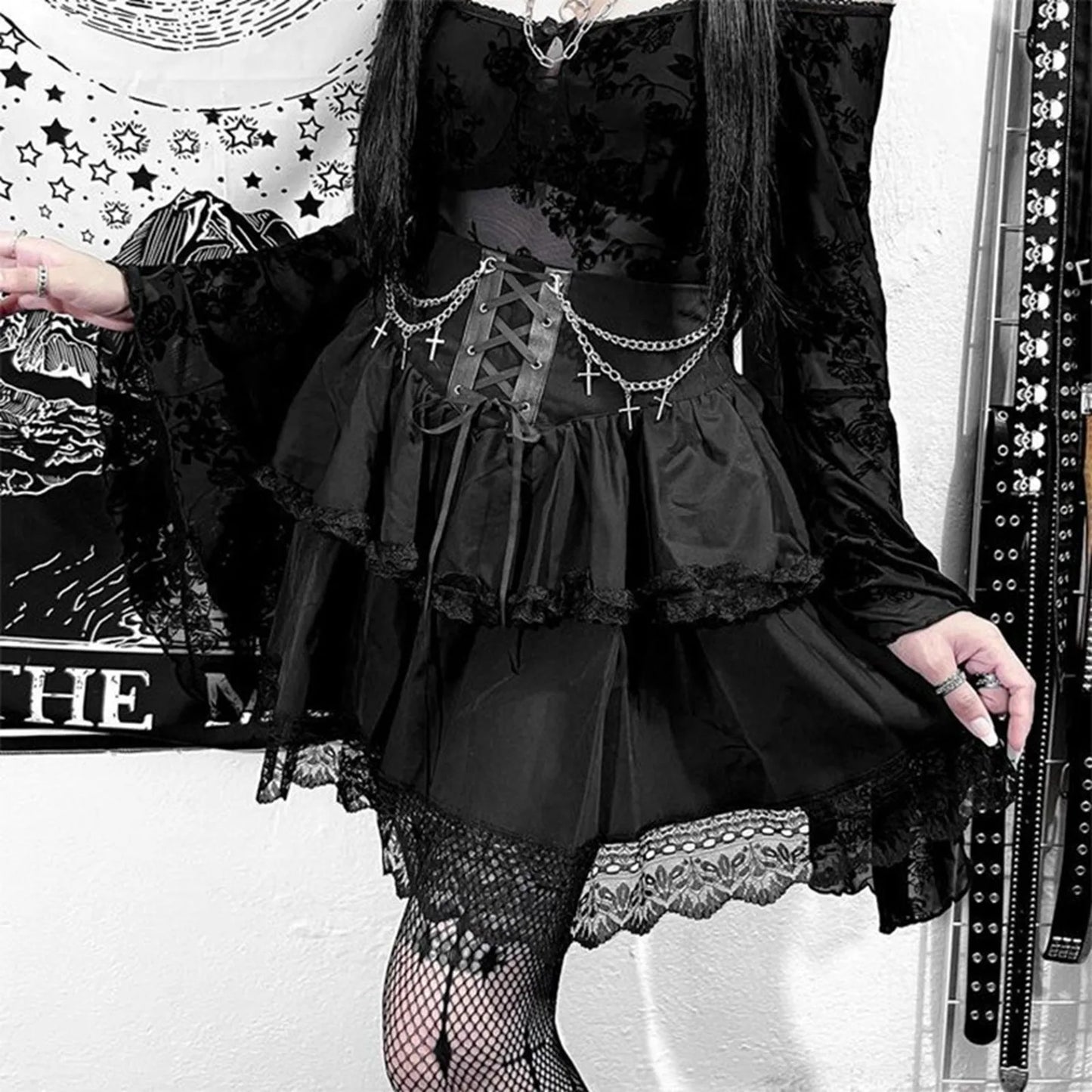 Layered Lace Gothic Dress with Elegant Dark Alternative Aesthetic