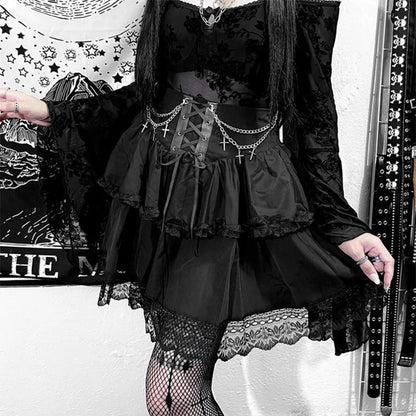 Layered Lace Gothic Mini Dress With Alternative Fashion Ruffle Skirt Design
