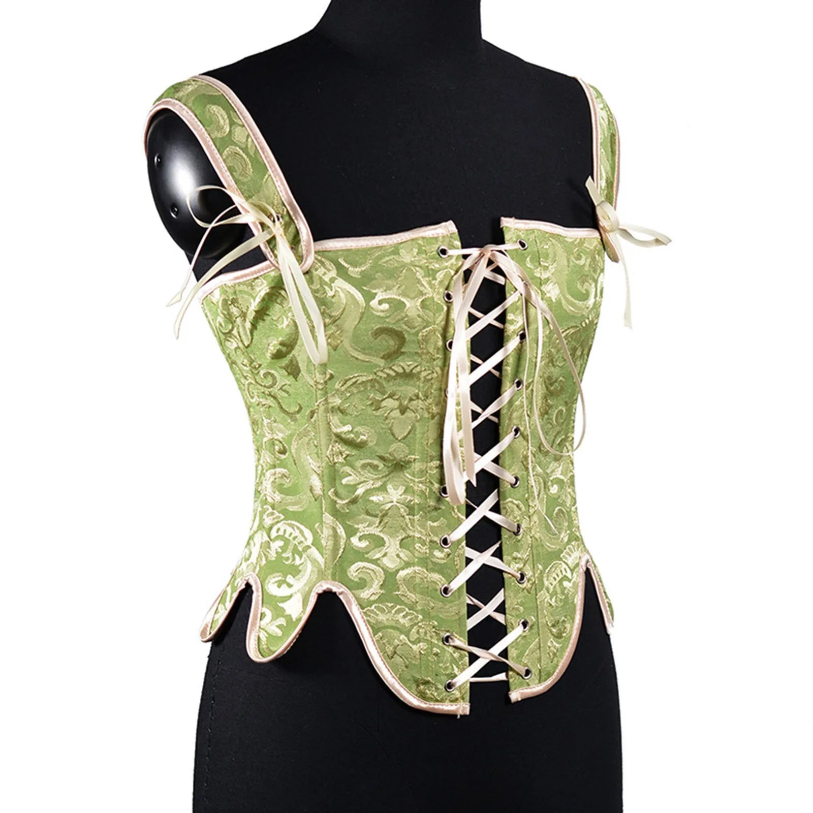 Jacquard Lace-Up Corset Vest with Structured Panels and Vintage-Inspired Design