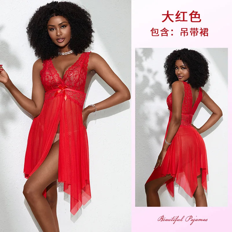 Elegant White Asymmetrical Lace Chemise with Deep V-Neckline