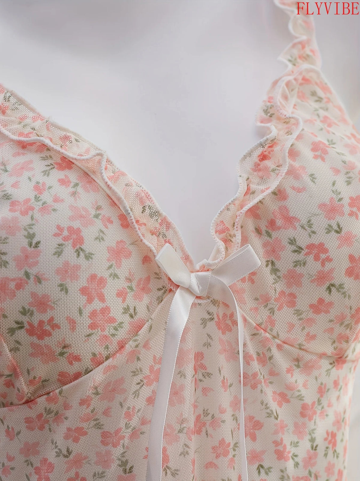 Floral Lace V-Neck Nightgown with Bow Detail, Pleated Ruffle Hem and Delicate Backless Silhouette