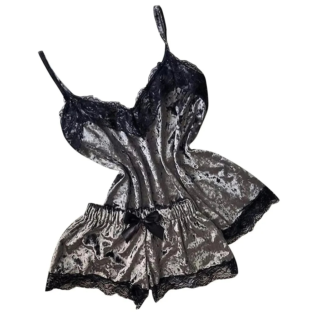 Women's Velvet Cami Pajama Set with Bow and Lace Trim, Sleeveless V-Neck Top and Matching Shorts, Elegant Summer Nightwear