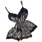 Women's Velvet Cami Pajama Set with Bow and Lace Trim, Sleeveless V-Neck Top and Matching Shorts, Elegant Summer Nightwear