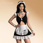 Playful Black and White Ruffled Maid Cosplay Costume with Apron and Matching Accessories