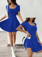 Square Neck Short Sleeve A-Line Mini Dress with Flared Skater Silhouette