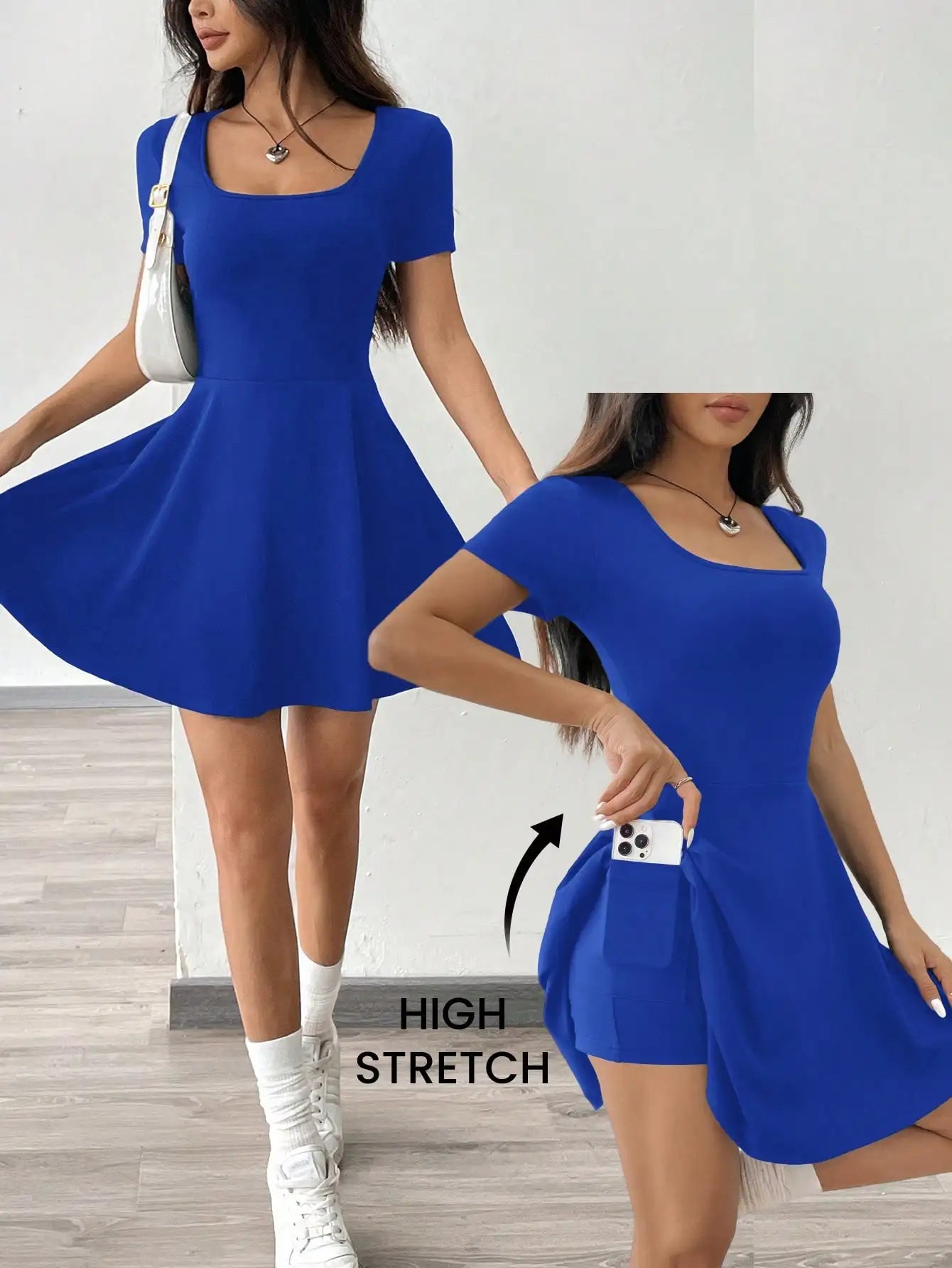 Square Neck Short Sleeve A-Line Mini Dress with Flared Skater Silhouette
