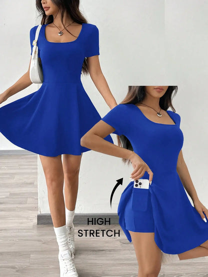 Square Neck Short Sleeve A-Line Mini Dress with Flared Skater Silhouette