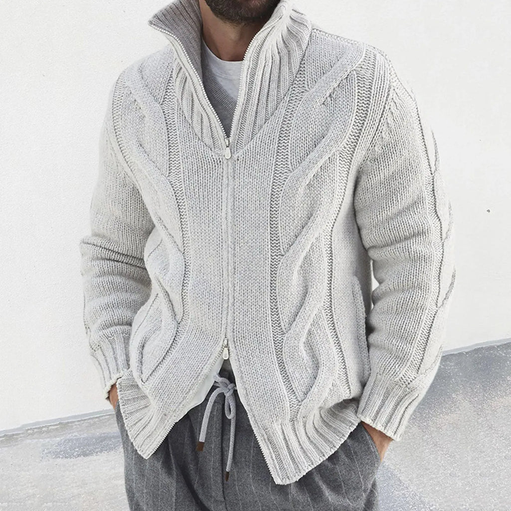 Men's Textured Zip Front Knit Cardigan with Relaxed Casual Hooded Design