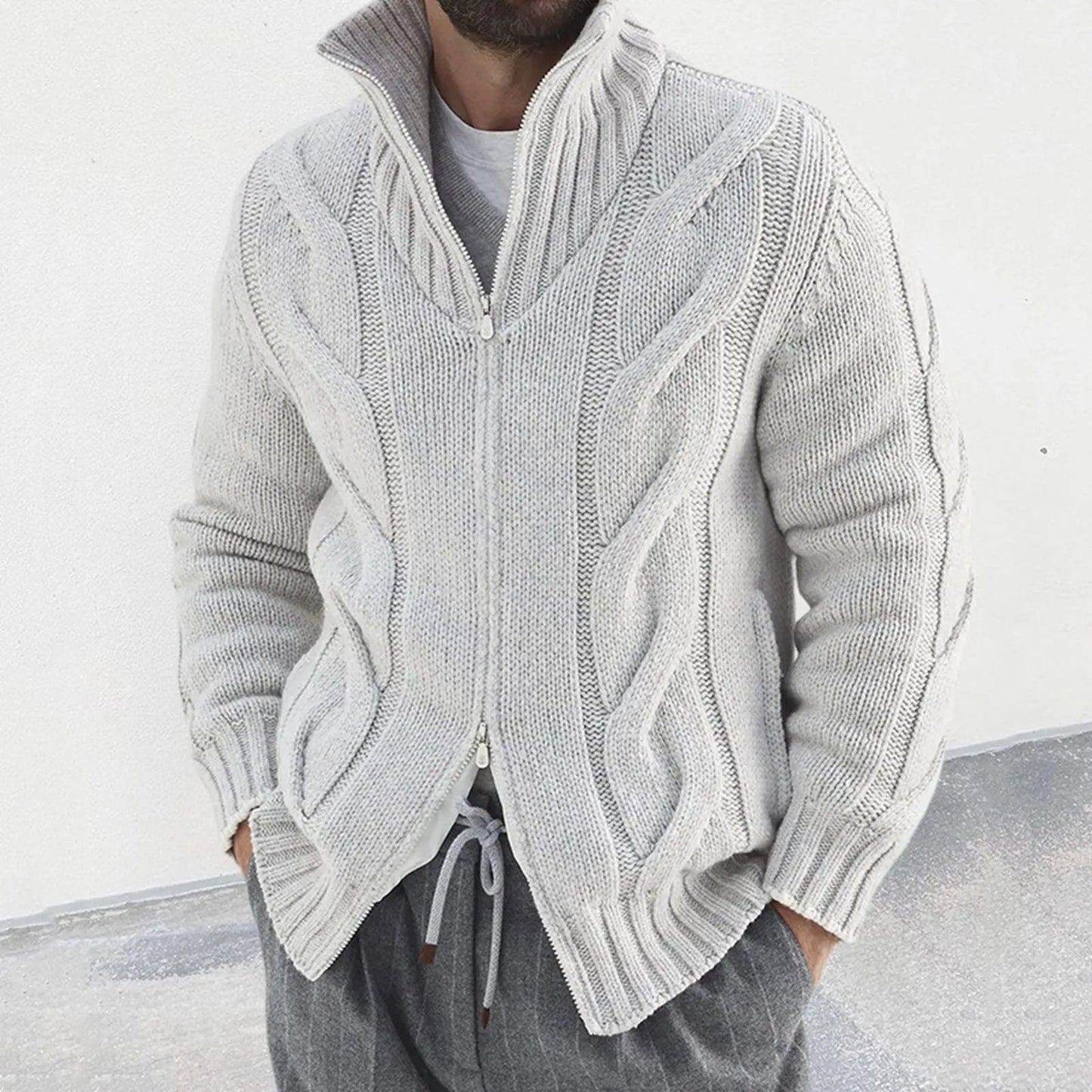 Men's Textured Zip Front Knit Cardigan with Relaxed Casual Hooded Design