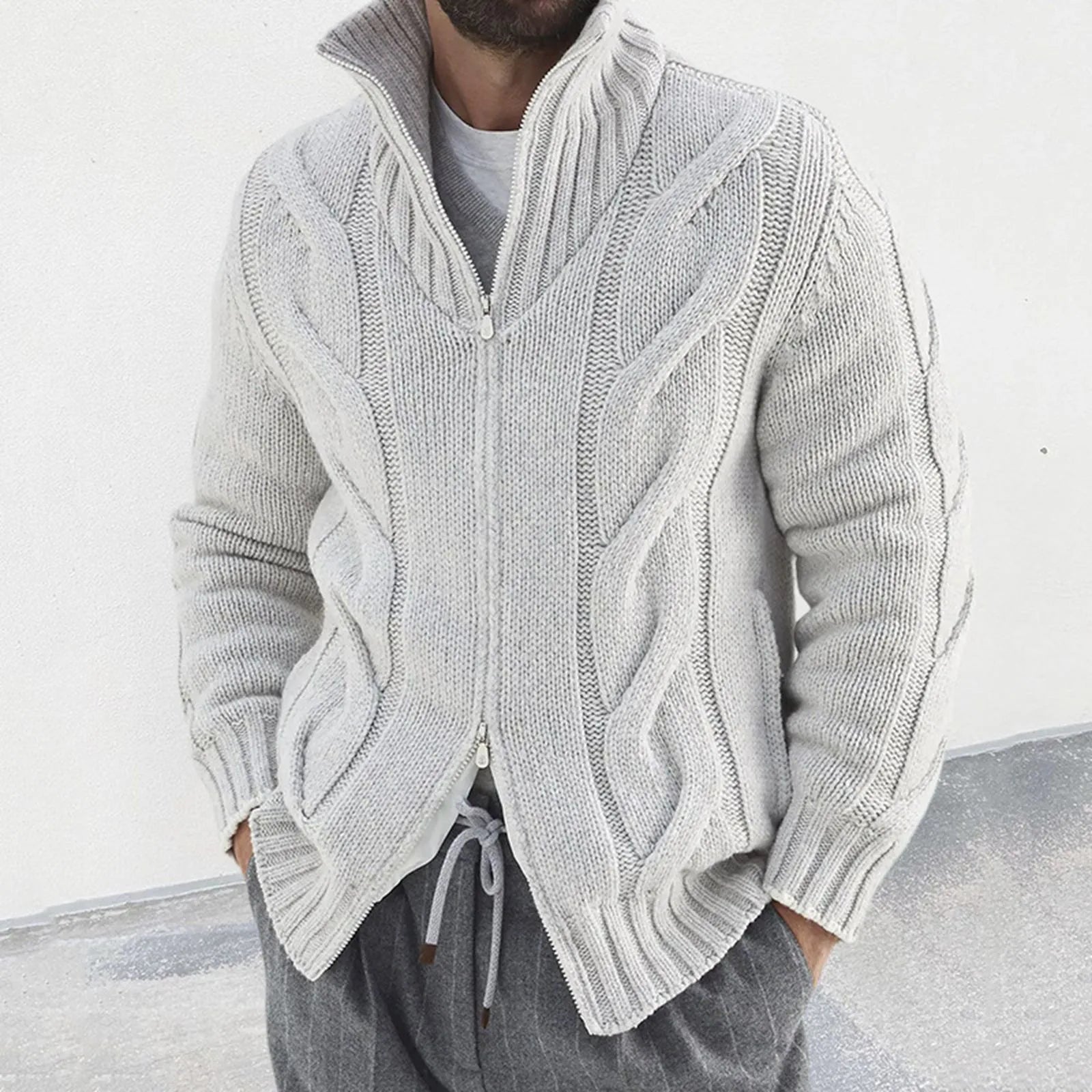 Men's Textured Zip Front Knit Cardigan with Relaxed Casual Hooded Design