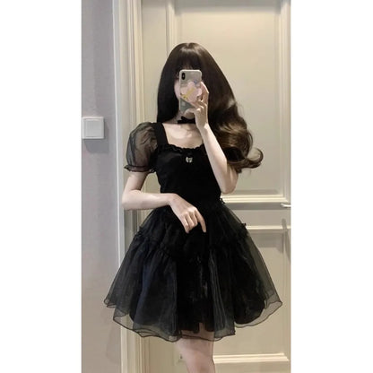 Anime-Inspired Gothic Tulle Mini Dress with Soft Kawaii Party Aesthetic