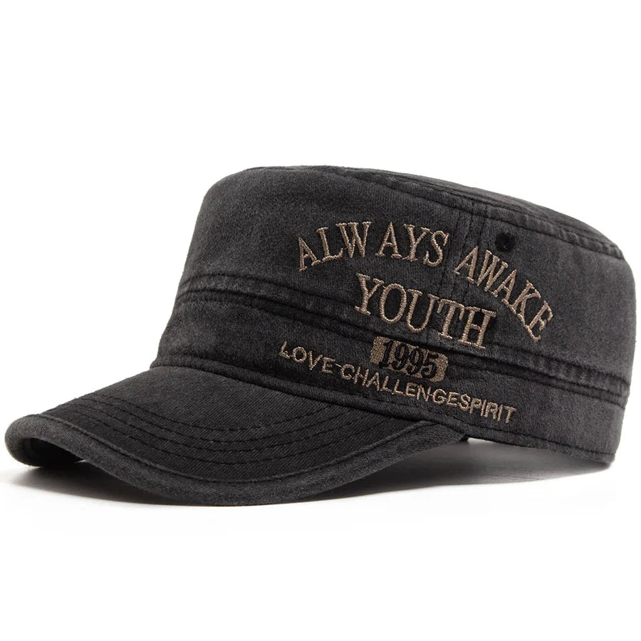 Unisex Vintage Military Style Flat Top Cap with Embroidered Detail for Casual Everyday Wear