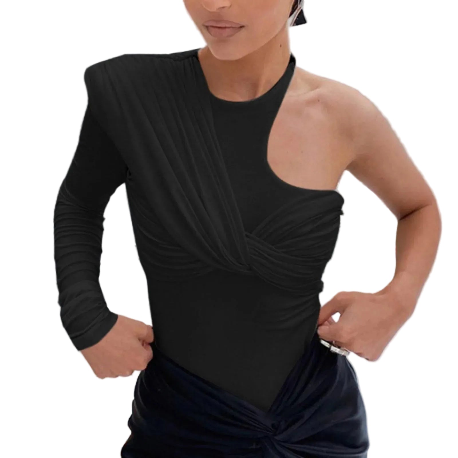 Asymmetric One Shoulder Ruched Long Sleeve Alternative Fashion Bodysuit Top