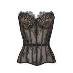 Sheer Black Floral Lace Strapless Bustier with Visible Boning Details