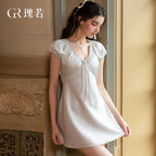 Elegant Silvery Satin-Finish Lounge Dress with Short Puff Sleeves and Tie-Front Bodice