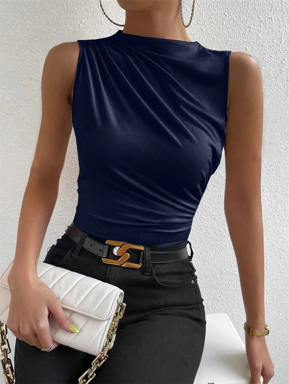 Mock Neck Ruched Tank Top with Slim Fit Stretch Everyday Modern Streetwear Style