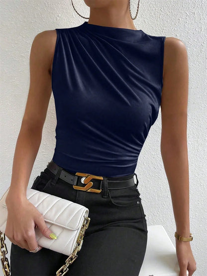 Mock Neck Ruched Tank Top with Slim Fit Stretch Everyday Modern Streetwear Style